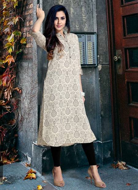 Cream Colour Style Roof FLORITA Fancy Ethnic Wear Pure Cotton Printed Latest Kurtis Collection FO-01